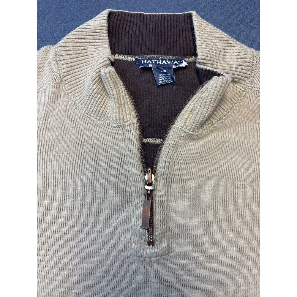 Hathaway 1/4 Zip Sweater, Tan w/ Brown Stitching on Sleeves, Men’s Loose Fit Med - Picture 3 of 9
